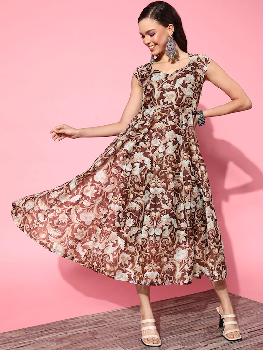 Brown Chanderi Floral Sweetheart Anarkali Dress-Shae by SASSAFRAS