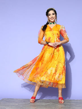 Yellow Organza Floral Wrap Anarkali Maxi Dress-Shae by SASSAFRAS
