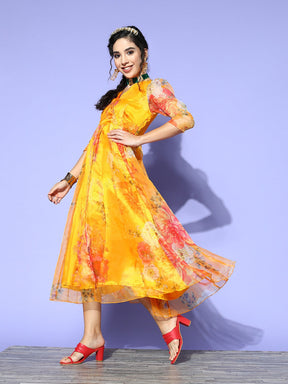 Women Yellow Organza Floral Wrap Anarkali Maxi Dress