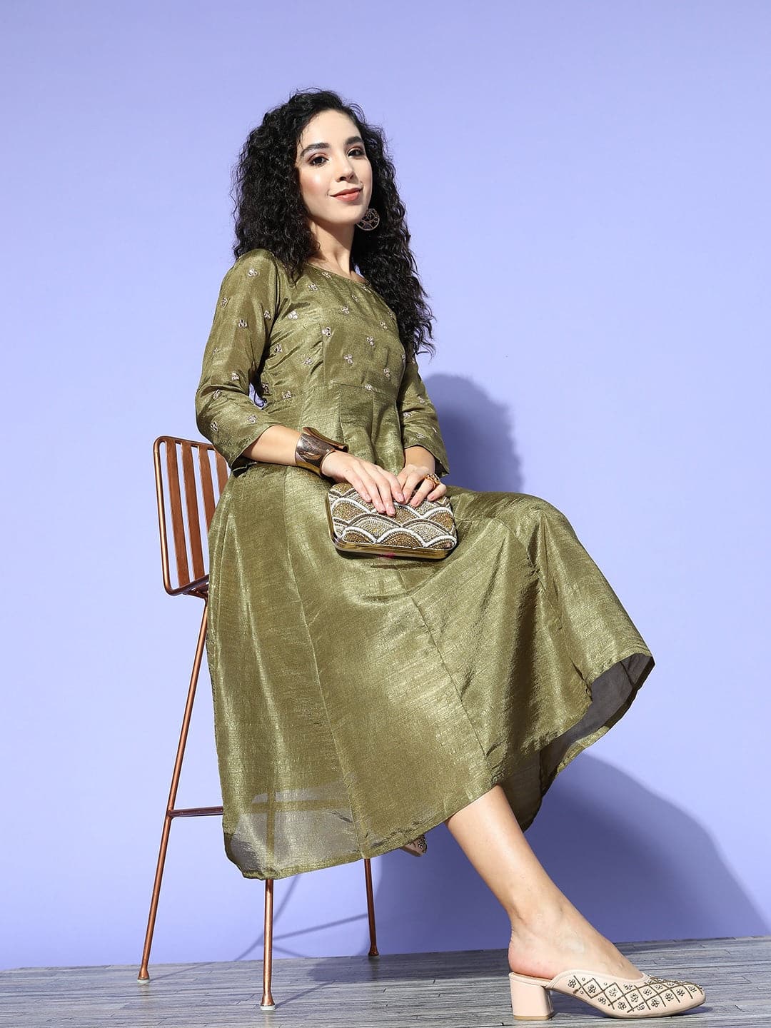 Olive Mirror Embroidered Anarkali Dress-Shae by SASSAFRAS