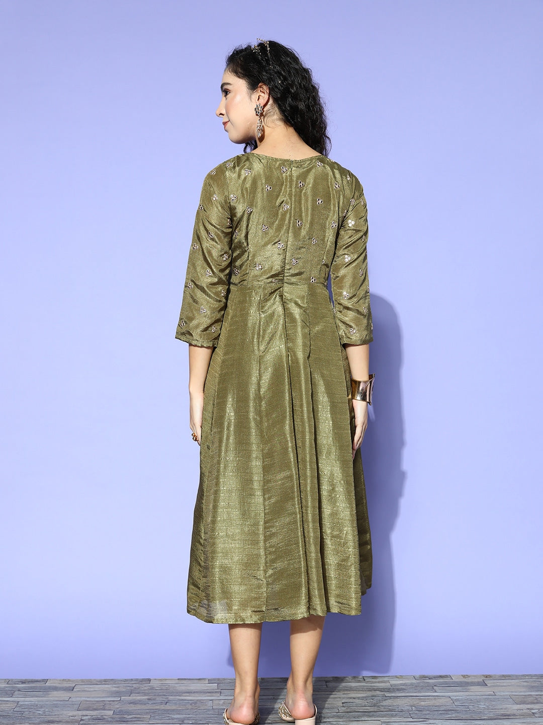 Women Olive Mirror Embroidered Anarkali Dress