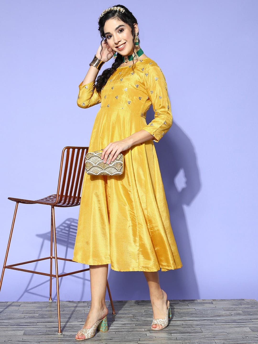 Mustard Mirror Embroidered Anarkali Dress-Shae by SASSAFRAS