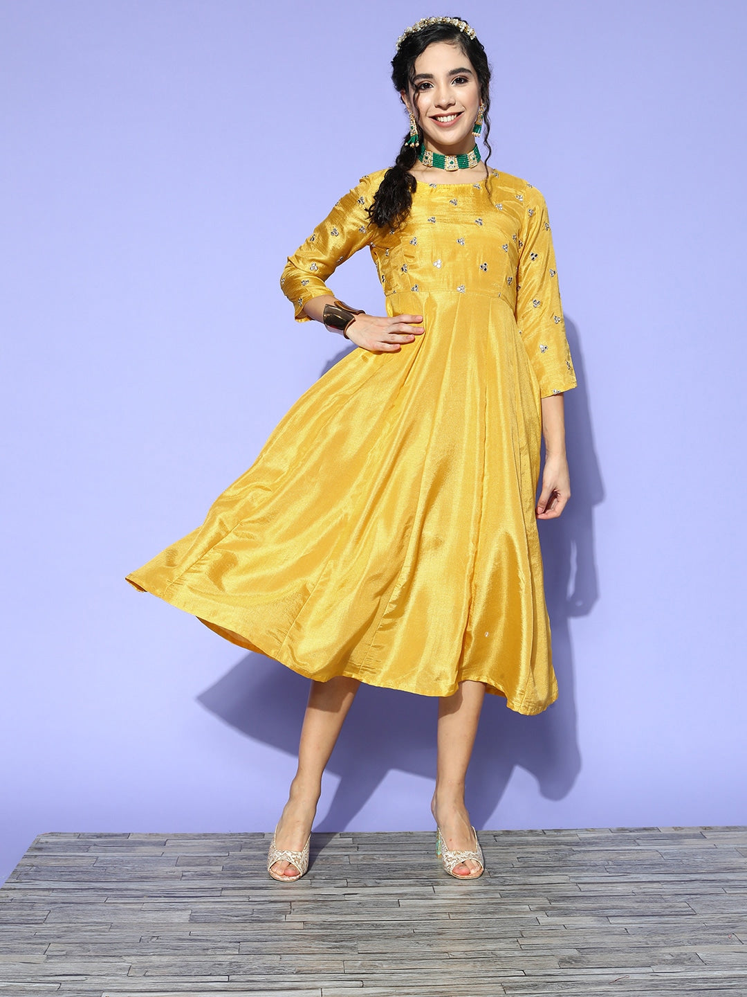 Women Mustard Mirror Embroidered Anarkali Dress