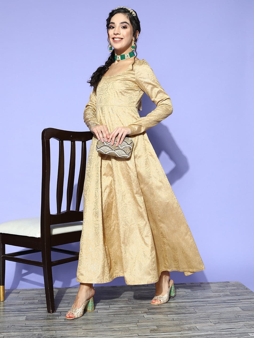 Gold Chanderi Foil Anarkali Maxi Dress-Shae by SASSAFRAS