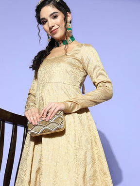 Women Gold Chanderi Foil Anarkali Maxi Dress