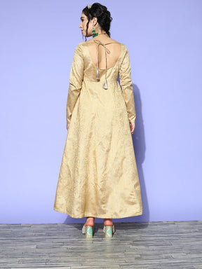 Women Gold Chanderi Foil Anarkali Maxi Dress