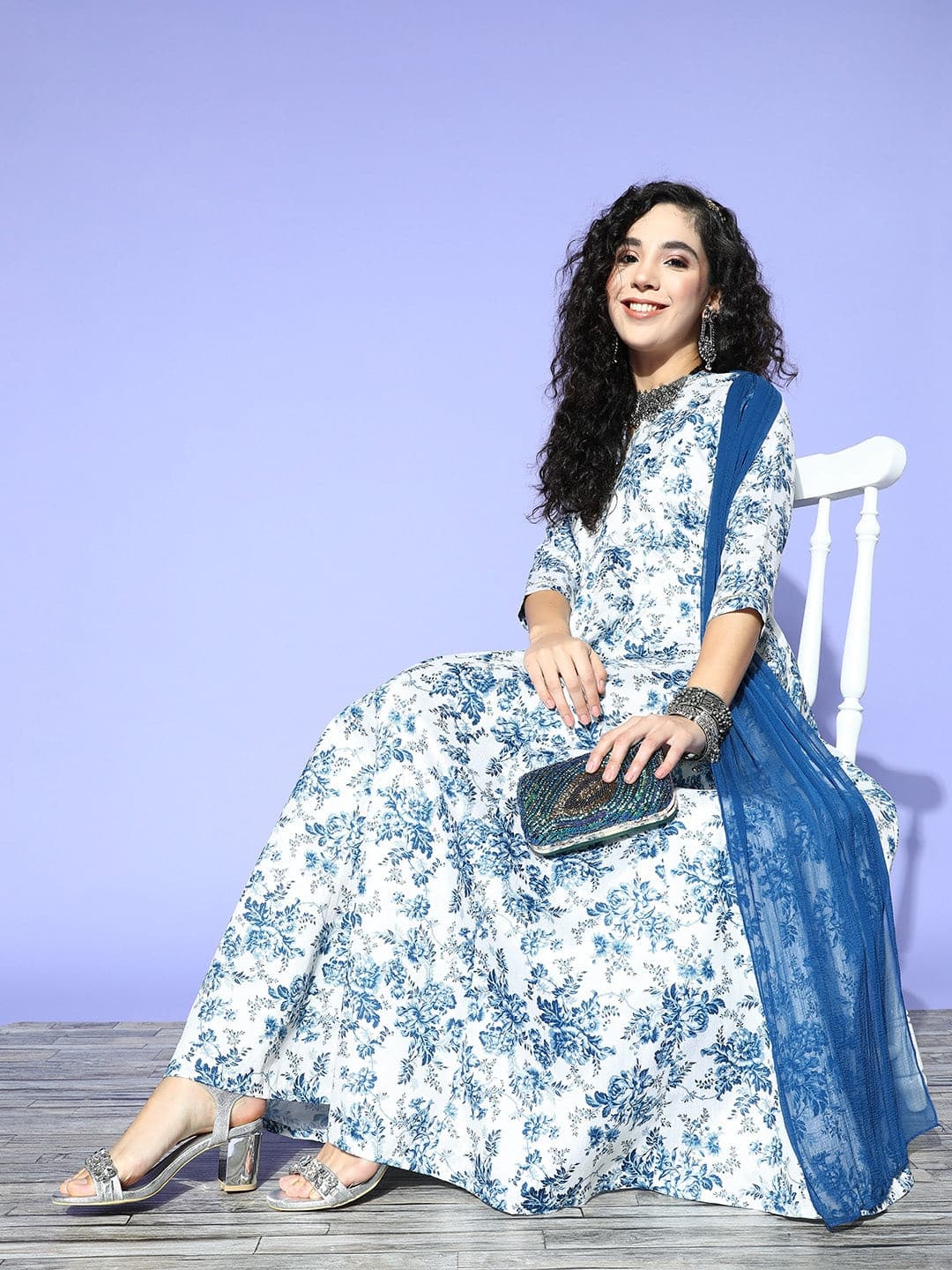 Blue Floral Chanderi Attached Pallu Maxi Dress-Shae by SASSAFRAS