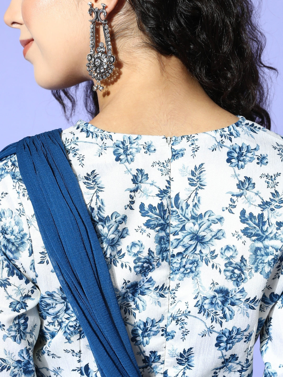 Women Blue Floral Chanderi Attached Pallu Maxi Dress