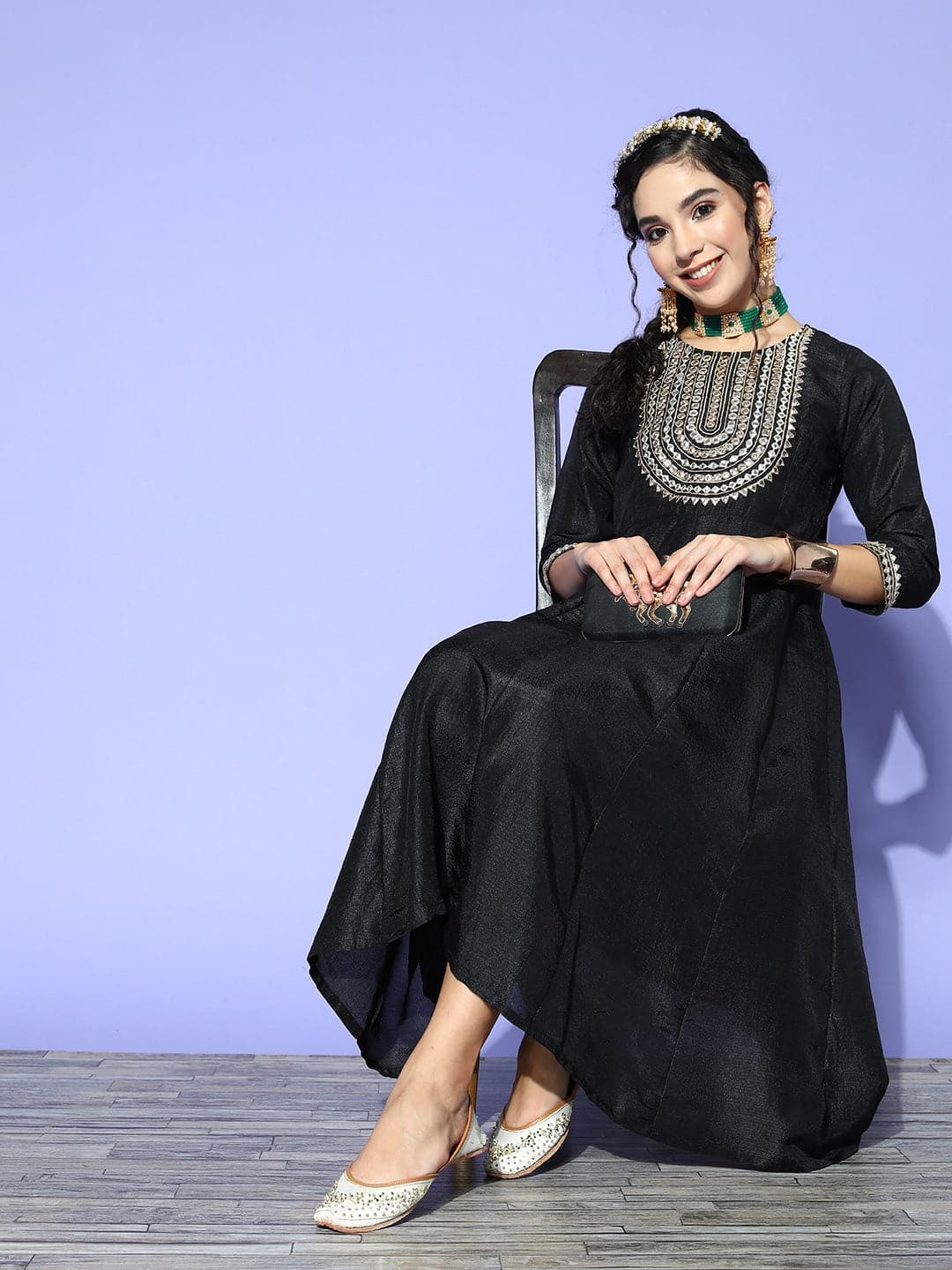Black Mirror Embroidered Bodice Anarkali Dress-Shae by SASSAFRAS