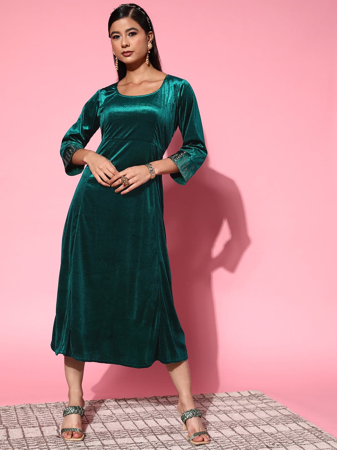 Emerald Green Velvet Zari Emb Anarkali Dress Shae by SASSAFRAS