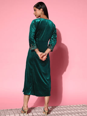 Women Emerald Green Velvet Zari Emb Anarkali Dress