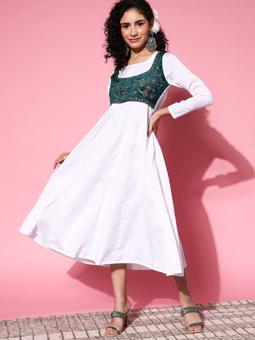 White Velvet Embroidered Jacket Anarkali Dress Shae by SASSAFRAS