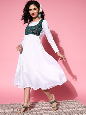 Women White Velvet Embroidered Jacket Anarkali Dress