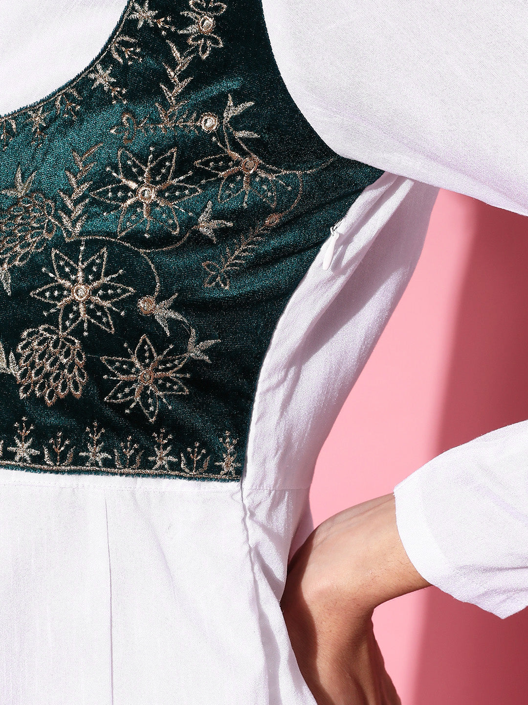Women White Velvet Embroidered Jacket Anarkali Dress