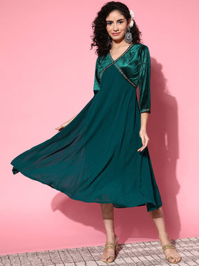 Emerald Green Velvet Zari Embroidered Dress Shae by SASSAFRAS