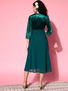 Women Emerald Green Velvet Zari Embroidered Dress