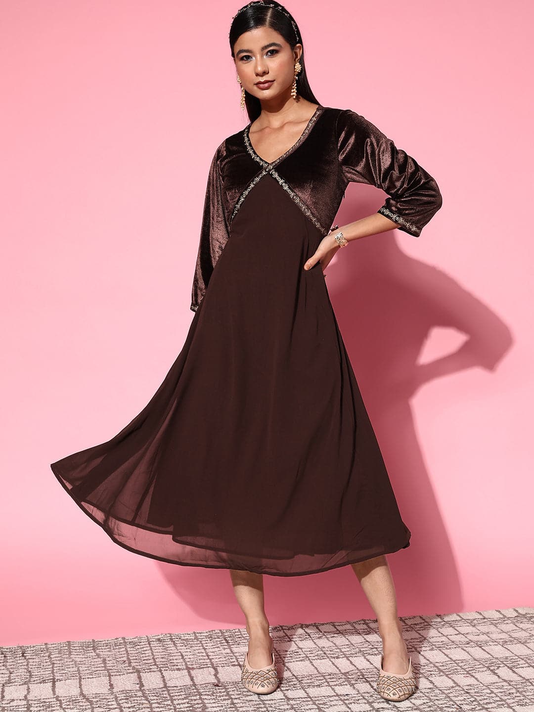 Brown Velvet Zari Embroidered Dress Shae by SASSAFRAS