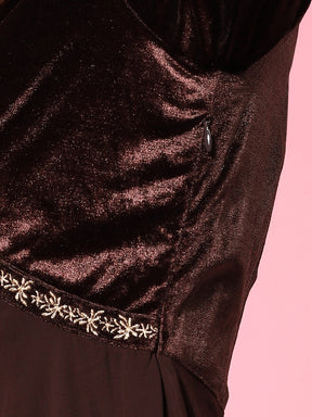 Women Brown Velvet Zari Embroidered Dress