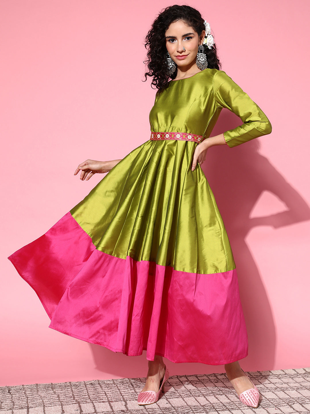 Women Green Contrast Border Anarkali Maxi Dress