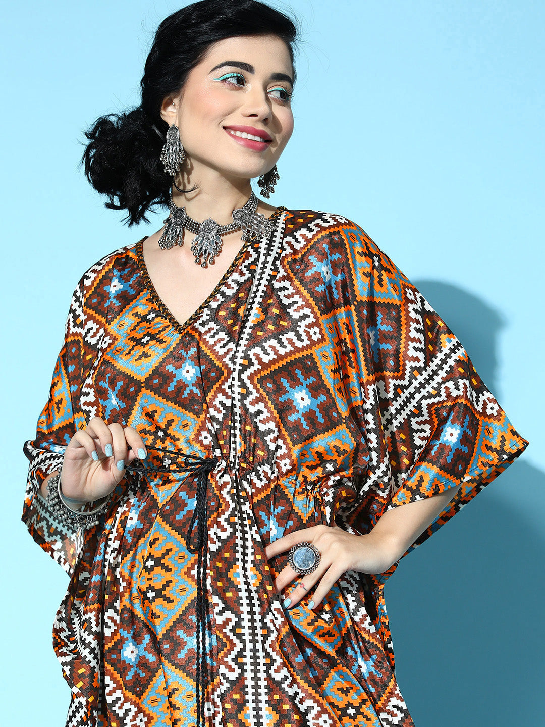 Women Mustard Geometric Print Kaftan Dress