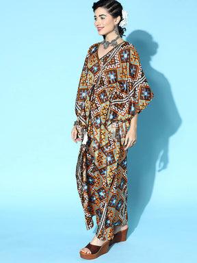 Women Mustard Geometric Print Kaftan Dress
