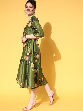 Women Green Floral Chanderi Wrap Anarkali Dress