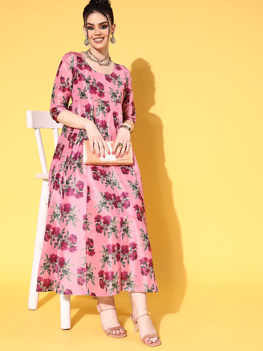 Pink Floral Anarkali Maxi Dress-Shae by SASSAFRAS