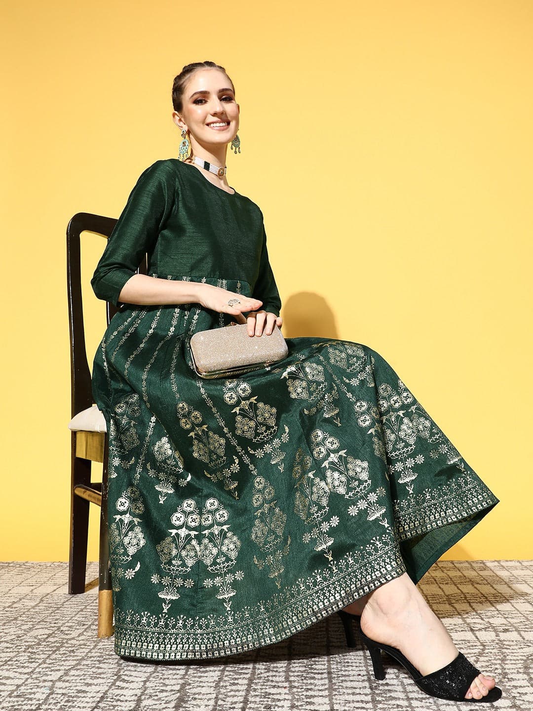 Emerald Green Foil Print Anarkali Dress-Shae by SASSAFRAS