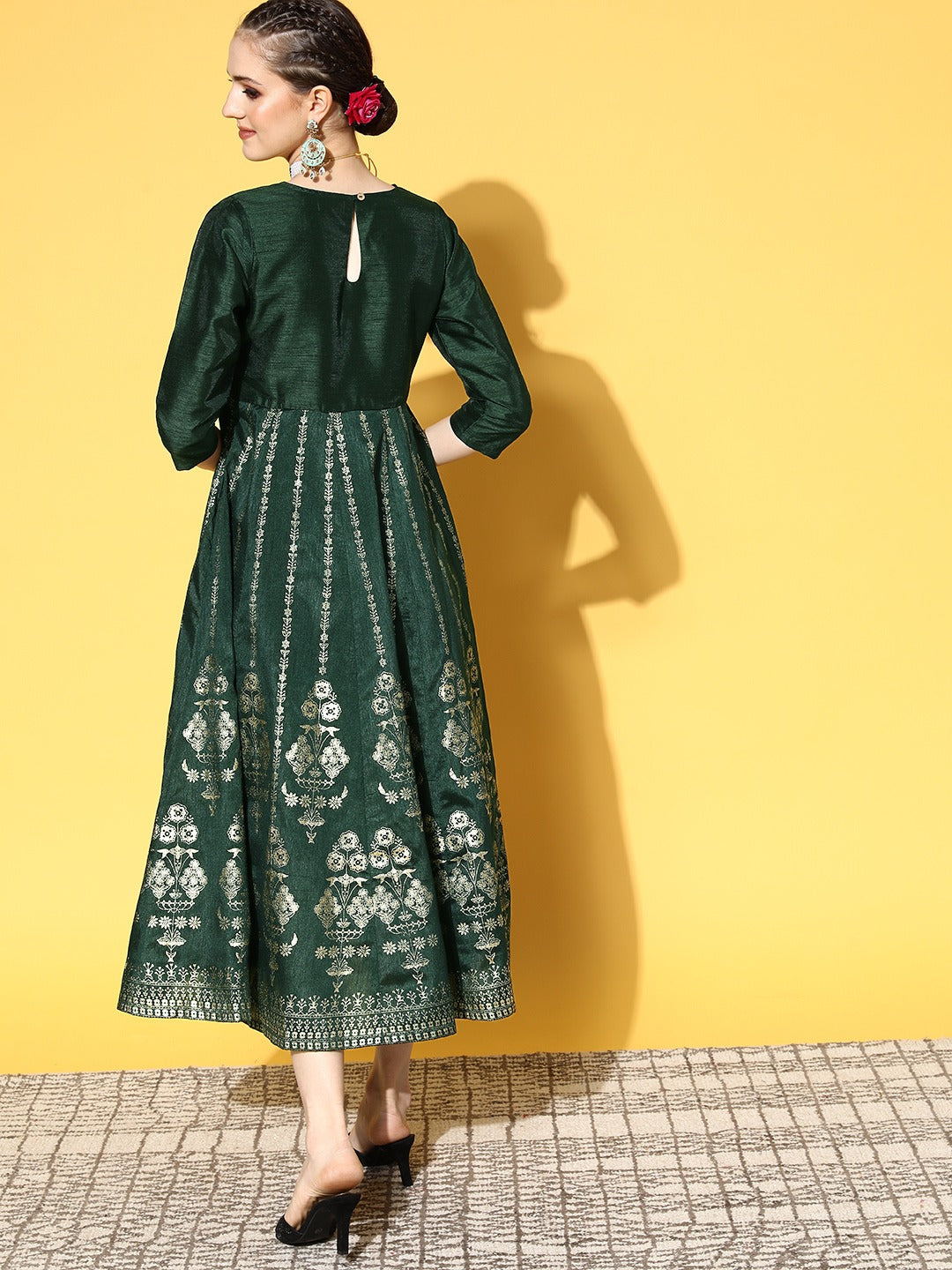 Women Emerald Green Foil Print Anarkali Dress