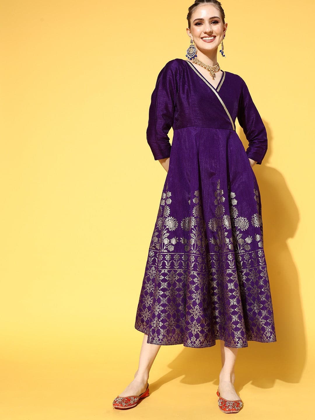 Purple Foil Print Wrap Anarkali Dress-Shae by SASSAFRAS