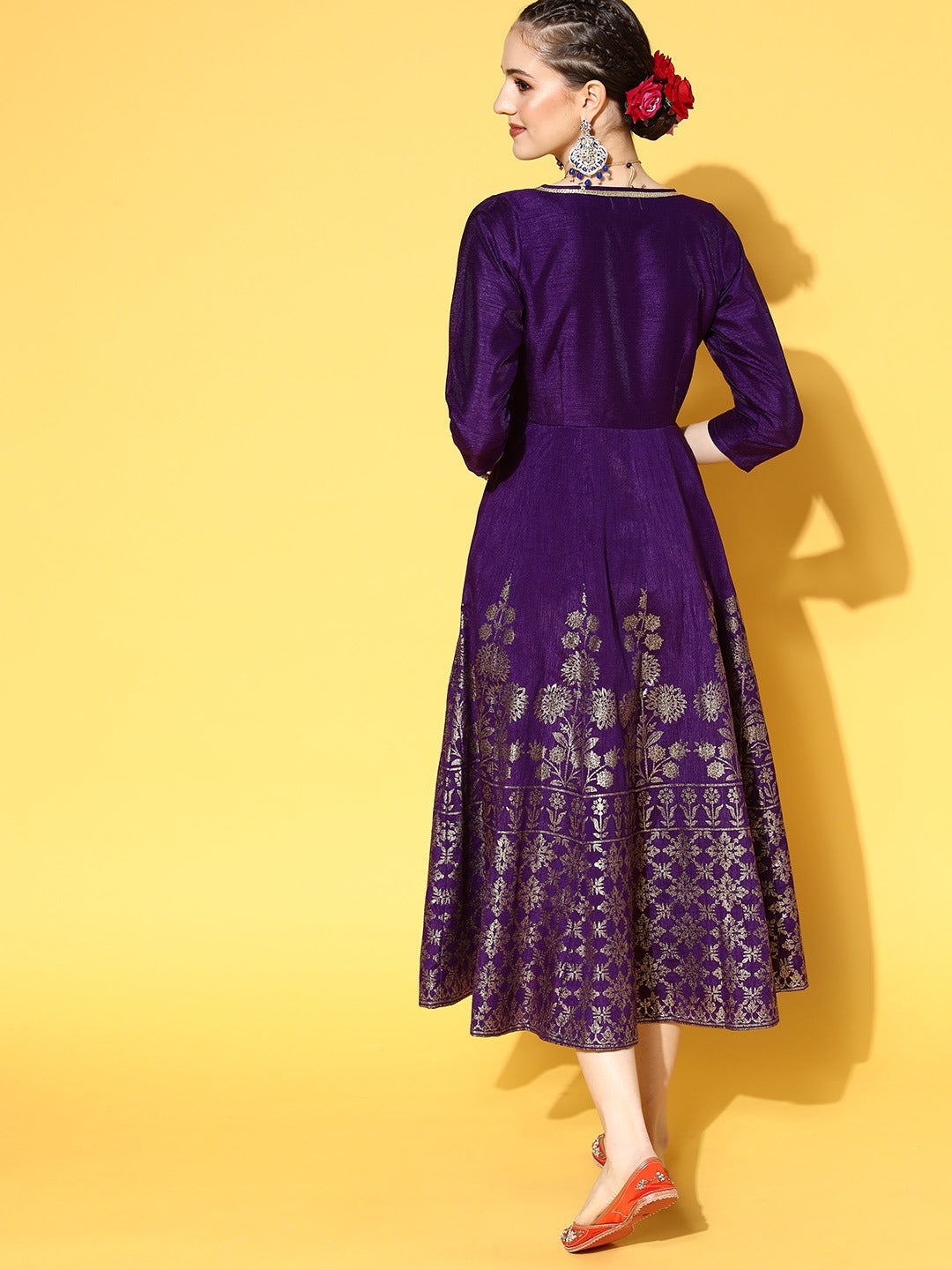 Women Purple Foil Print Wrap Anarkali Dress
