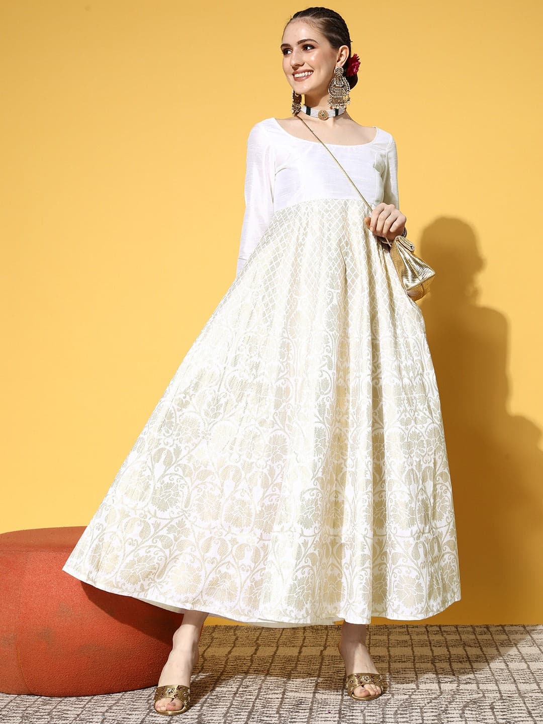 White Foil Print Anarkali Maxi Dress-Shae by SASSAFRAS
