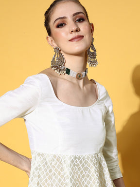 Women White Foil Print Anarkali Maxi Dress
