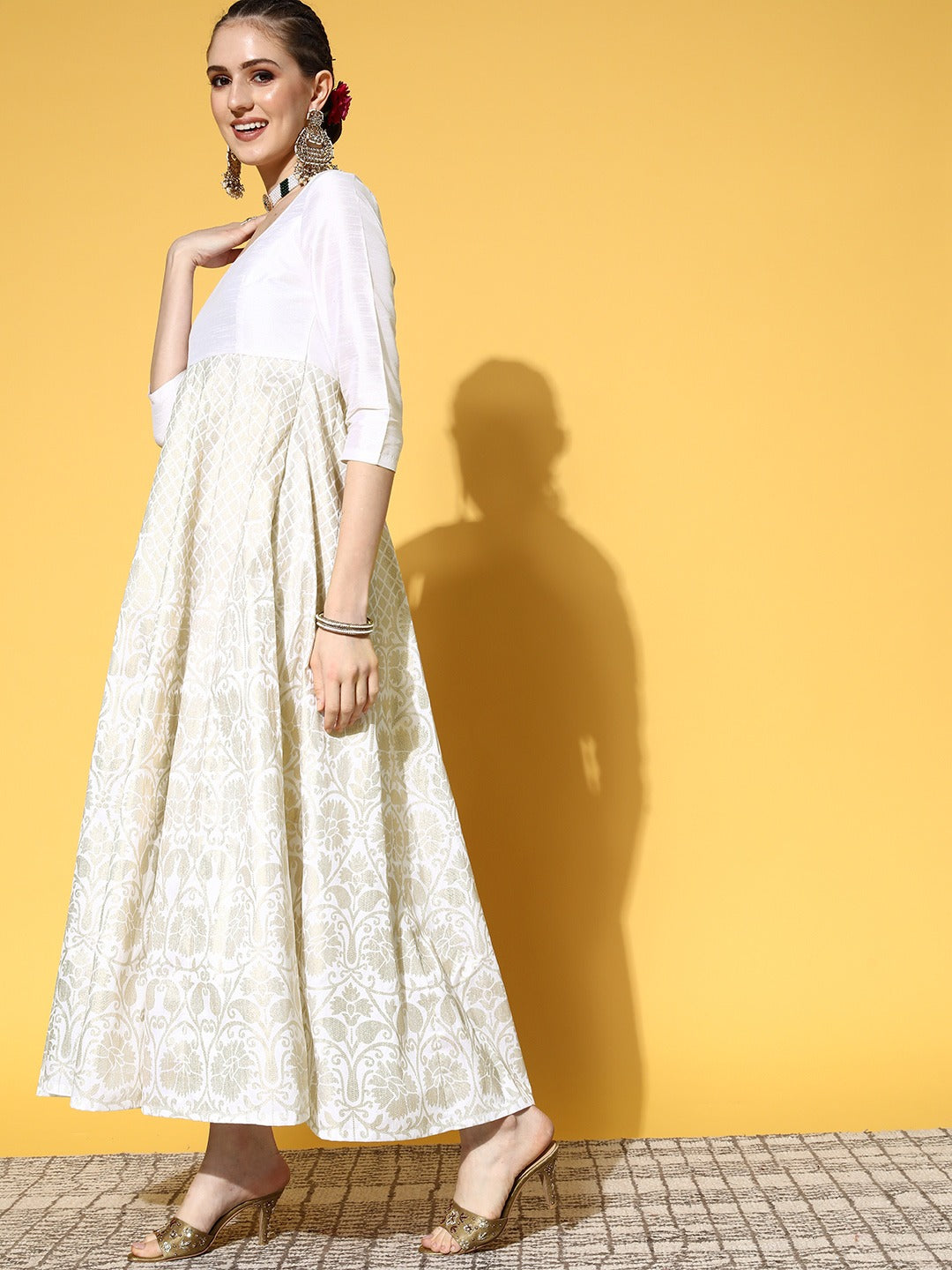 Women White Foil Print Anarkali Maxi Dress