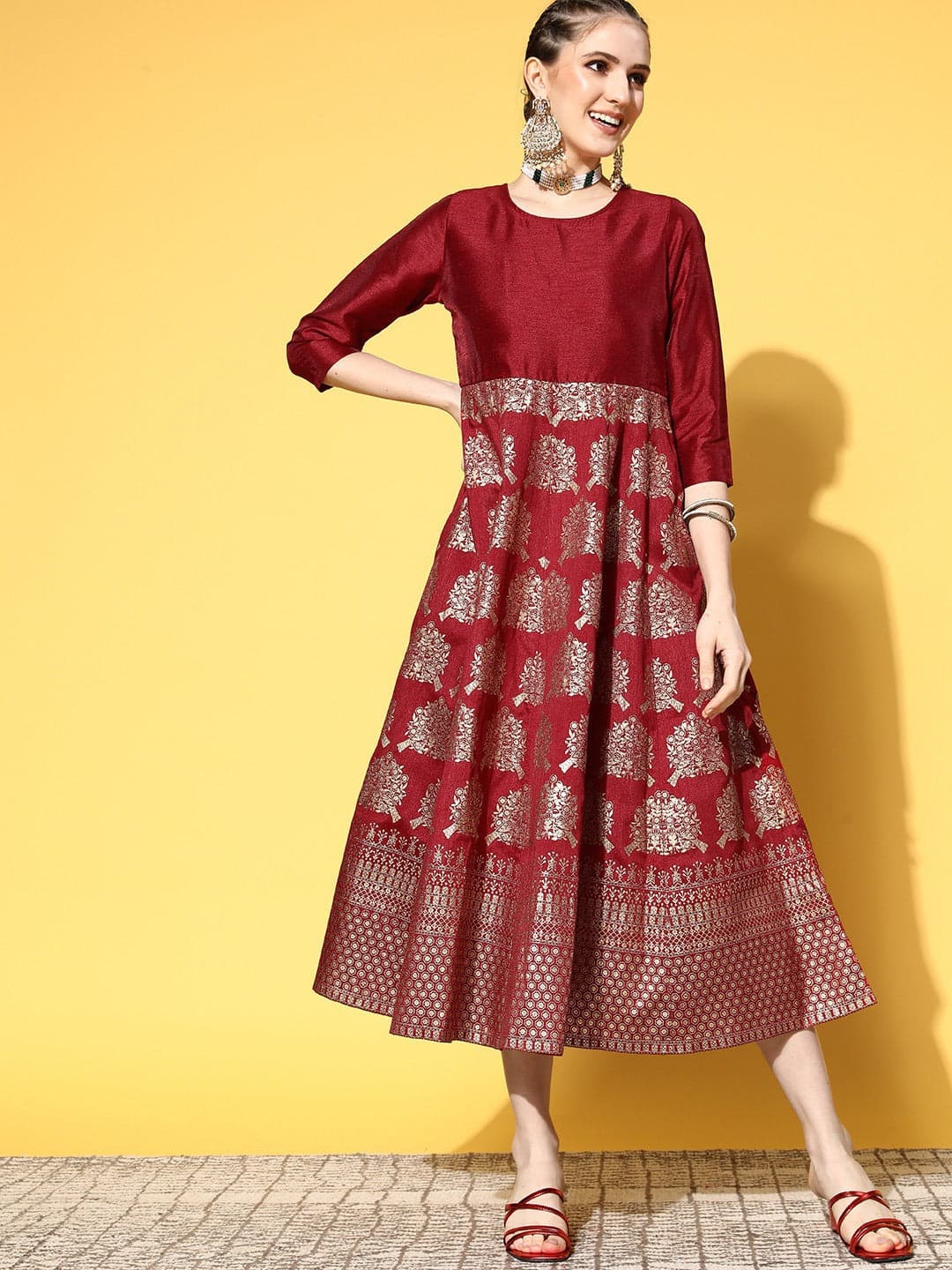 Maroon Foil Print Anarkali Dress-Shae by SASSAFRAS