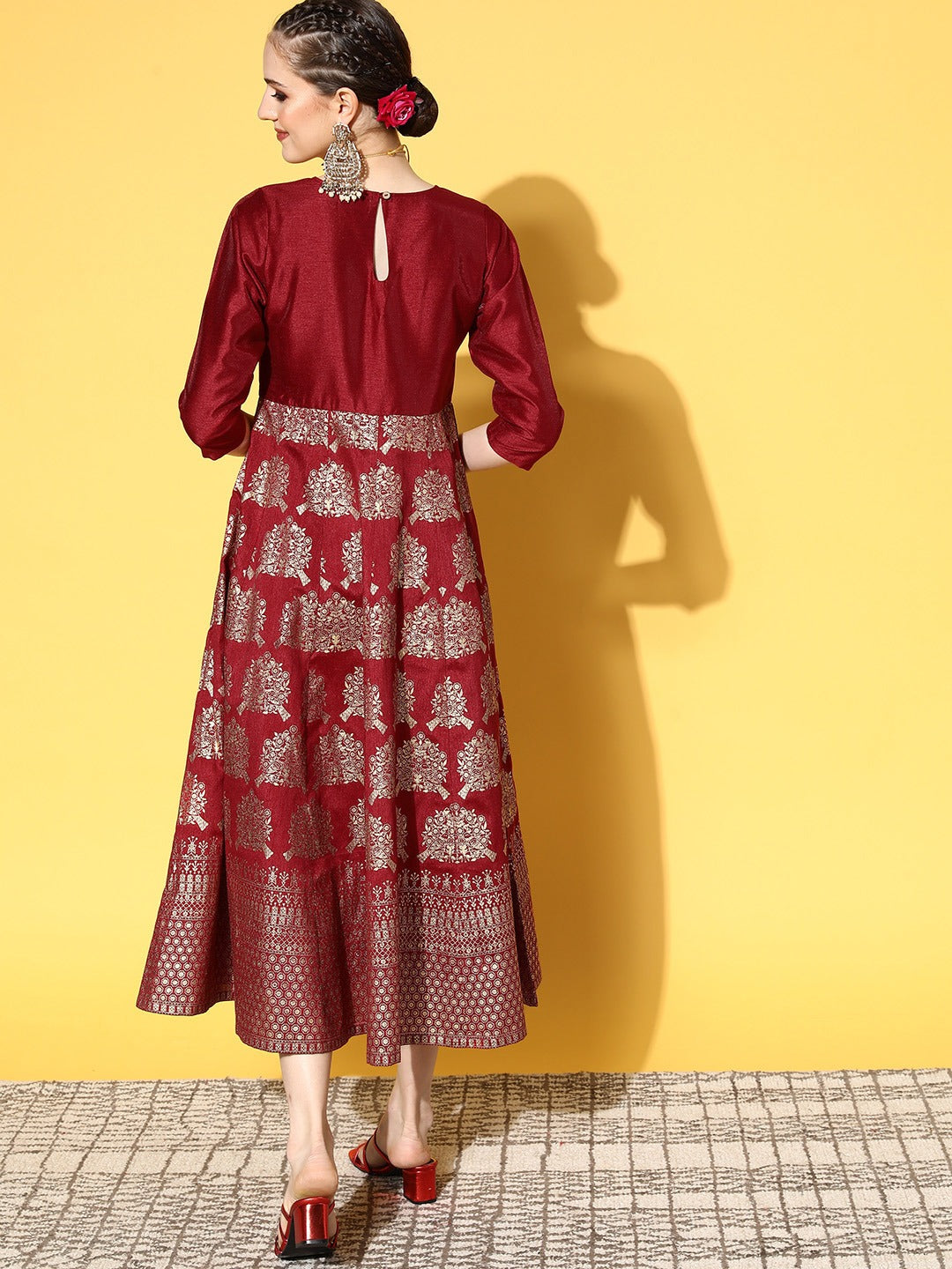 Women Maroon Foil Print Anarkali Dress