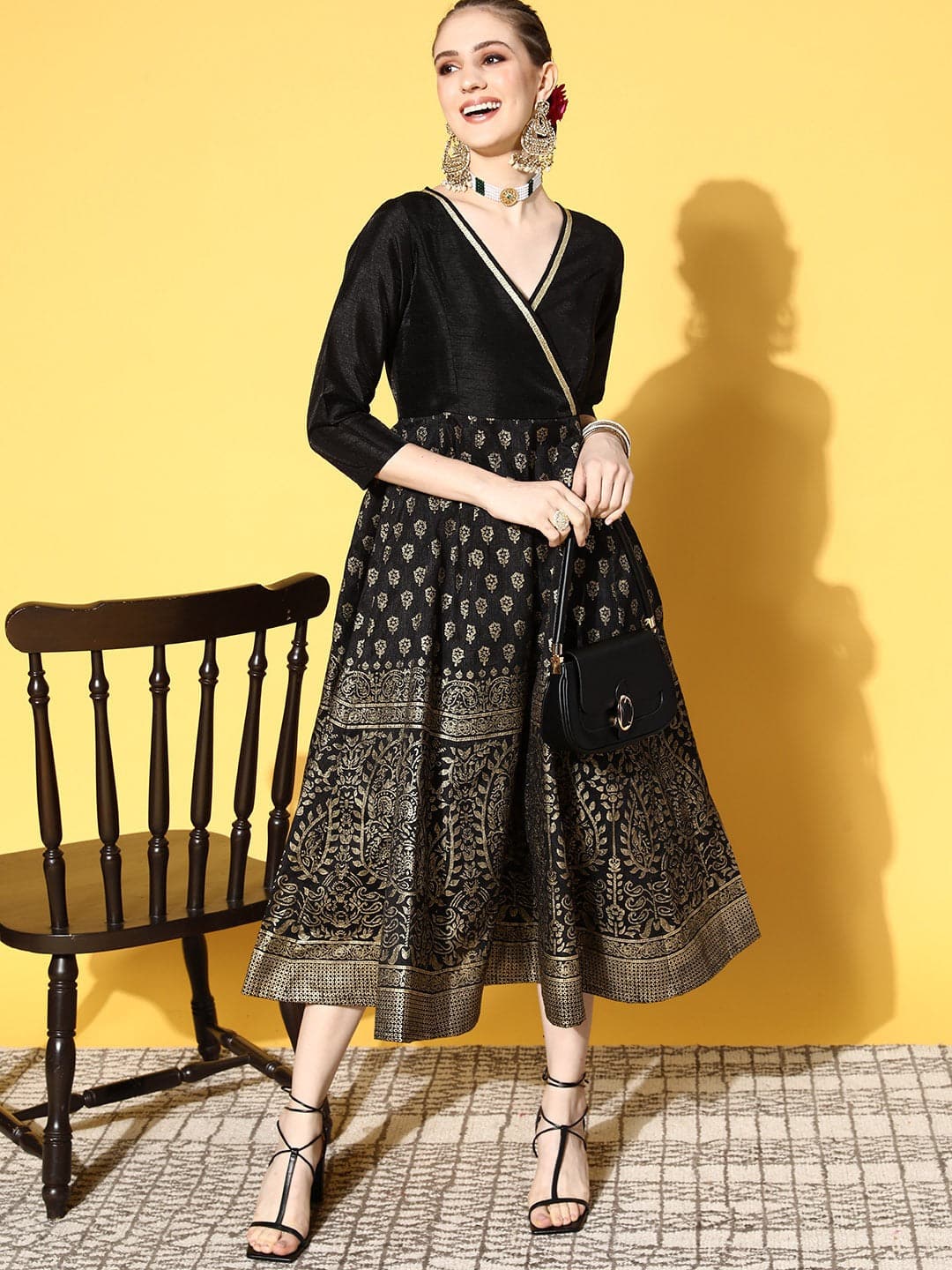Black Paisley Foil Print Wrap Anarkali Dress-Shae by SASSAFRAS