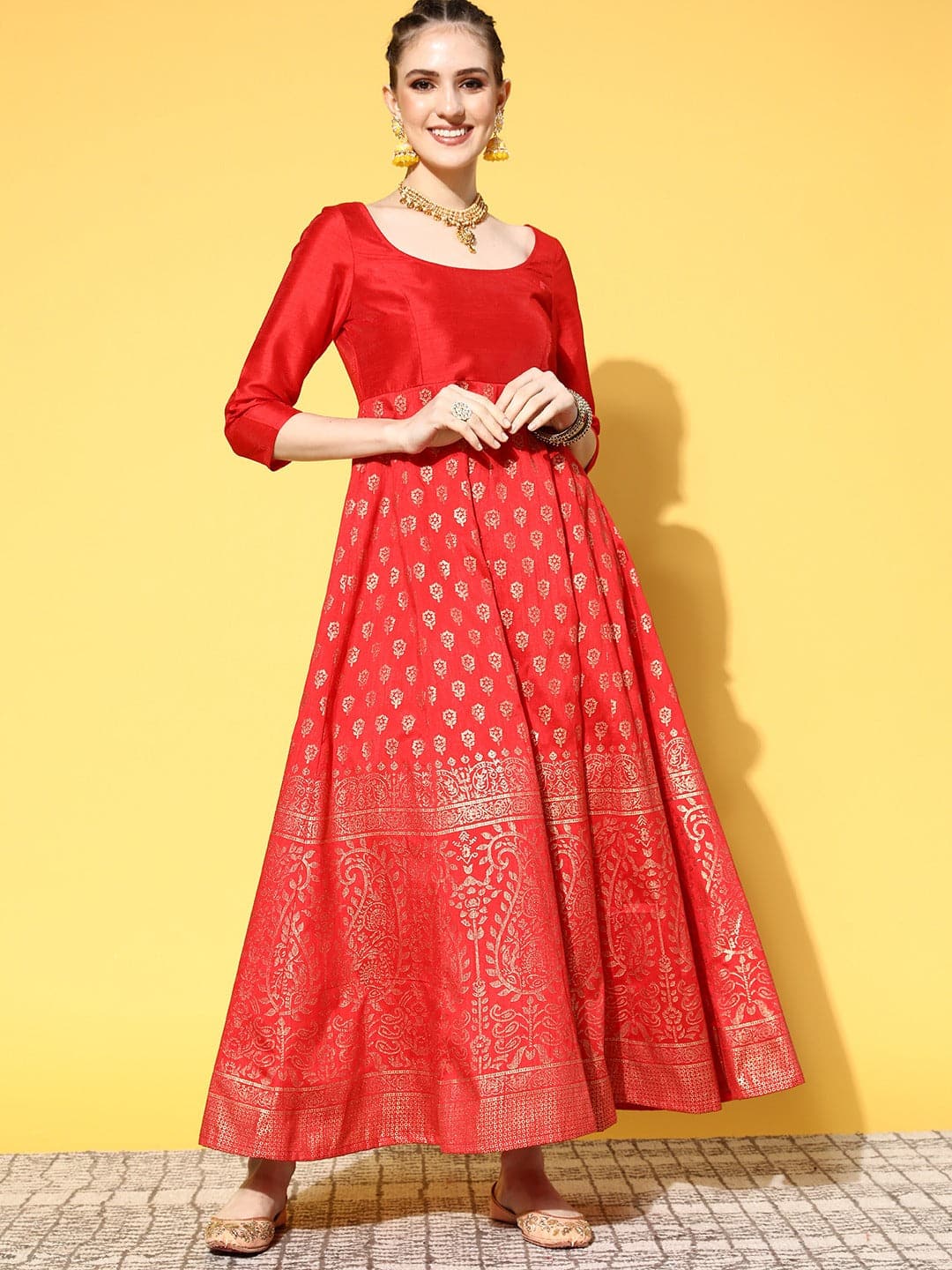 Red Paisley Foil Print Anarkali Dress-Shae by SASSAFRAS