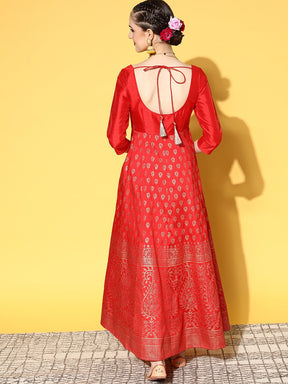 Women Red Paisley Foil Print Anarkali Dress