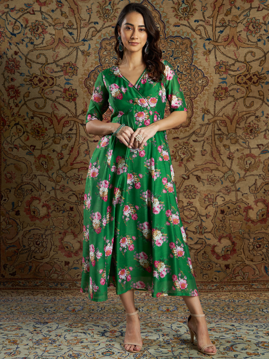 Green Chanderi Floral Anarkali Dress-Shae by SASSAFRAS