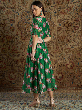 Women Green Chanderi Floral Anarkali Dress