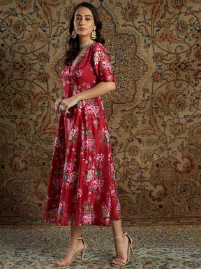 Women Maroon Chanderi Floral Anarkali Dress