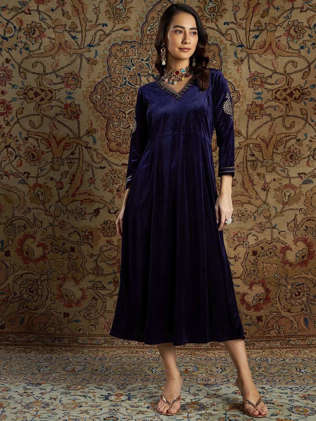 Navy Velvet Zari Embroidered Anarkali Dress-Shae by SASSAFRAS