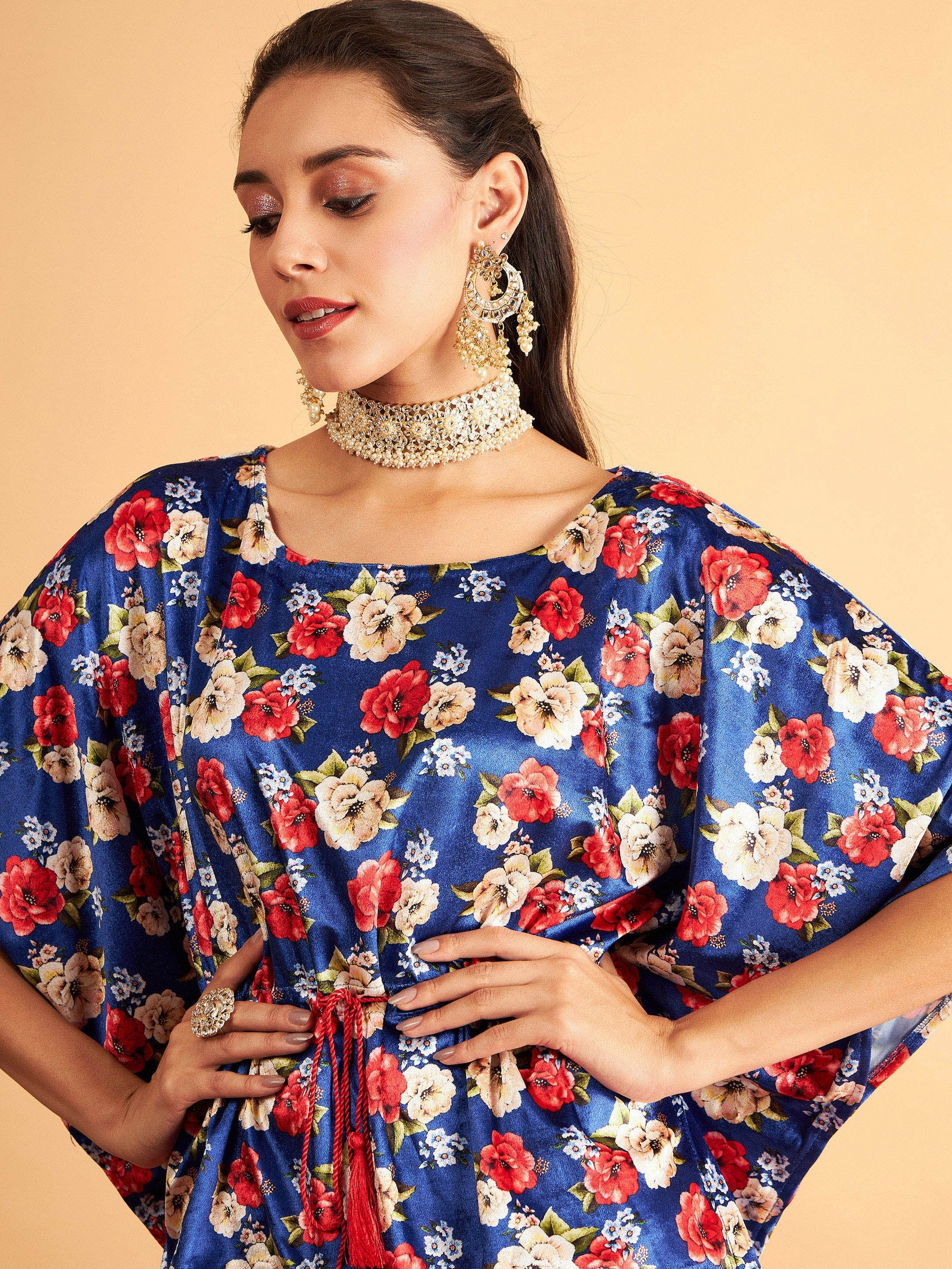 Royal Blue Floral Velvet High Low Kaftan Dress-Shae by SASSAFRAS