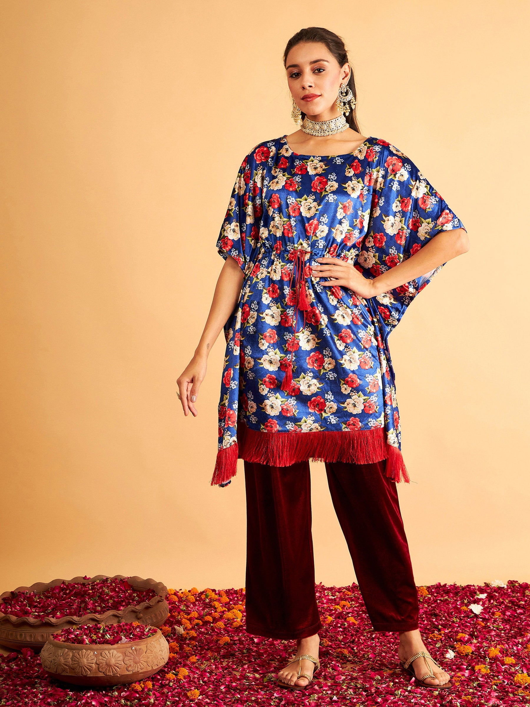 Women Royal Blue Floral Velvet High Low Kaftan Dress