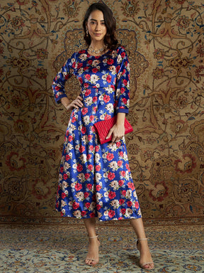Women Royal Blue Floral Velvet Printed Anarkali Dress