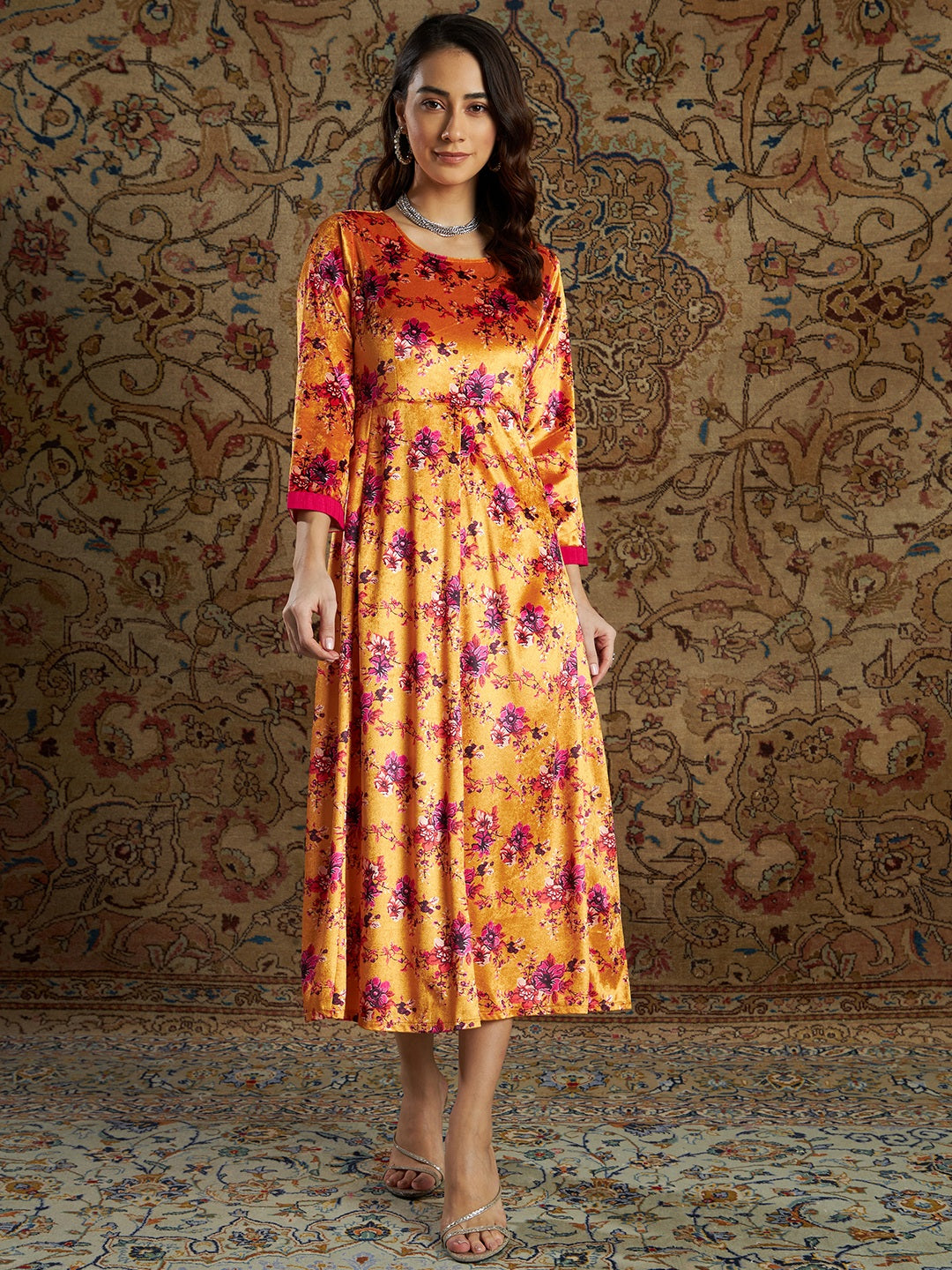 Women Orange Floral Velvet Printed Anarkali Dress