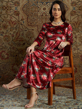 Maroon Floral Velvet Printed Anarkali Dress-Shae by SASSAFRAS
