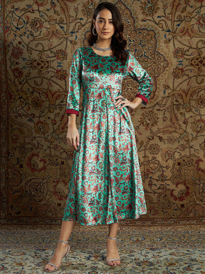 Women Sea Green Floral Velvet Printed Anarkali Dress