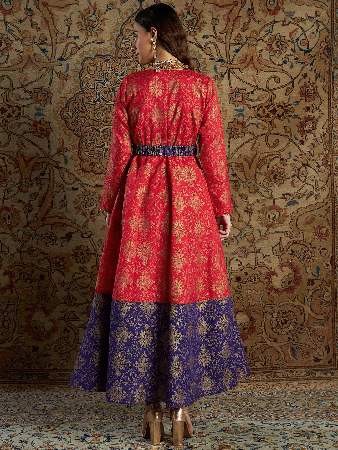 Women Red & Purple Brocade Floral Anarkali Maxi Dress